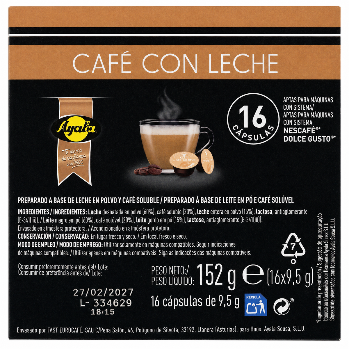 AYALA CAPSULAS DESCAFEINADO CON LECHE PACK 16
