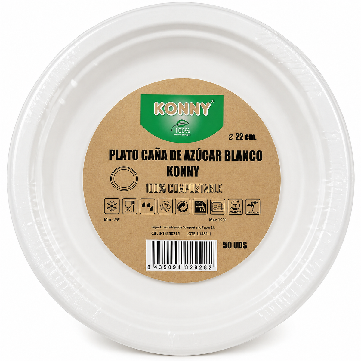 KONNY/ ECOLINE PLATO CAÑA AZUCAR BLANCO 22 CM. PAQ. 50 UNID.