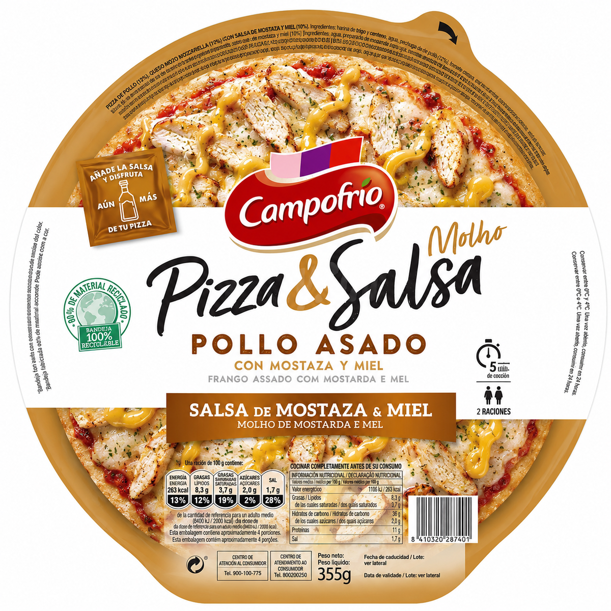 -B CAMPOFRIO PIZZA&SALSA POLLO ASADO MOST. Y MIEL 355G