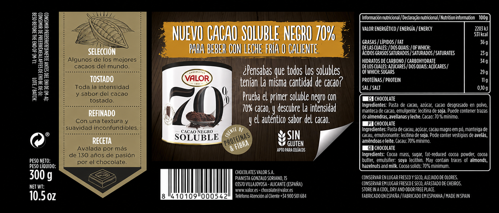 VALOR CHOCOLATE NEGRO 70% 300 GRS