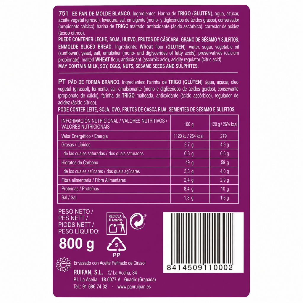 RUIPAN PAN DE MOLDE HOSTELERIA 800GR