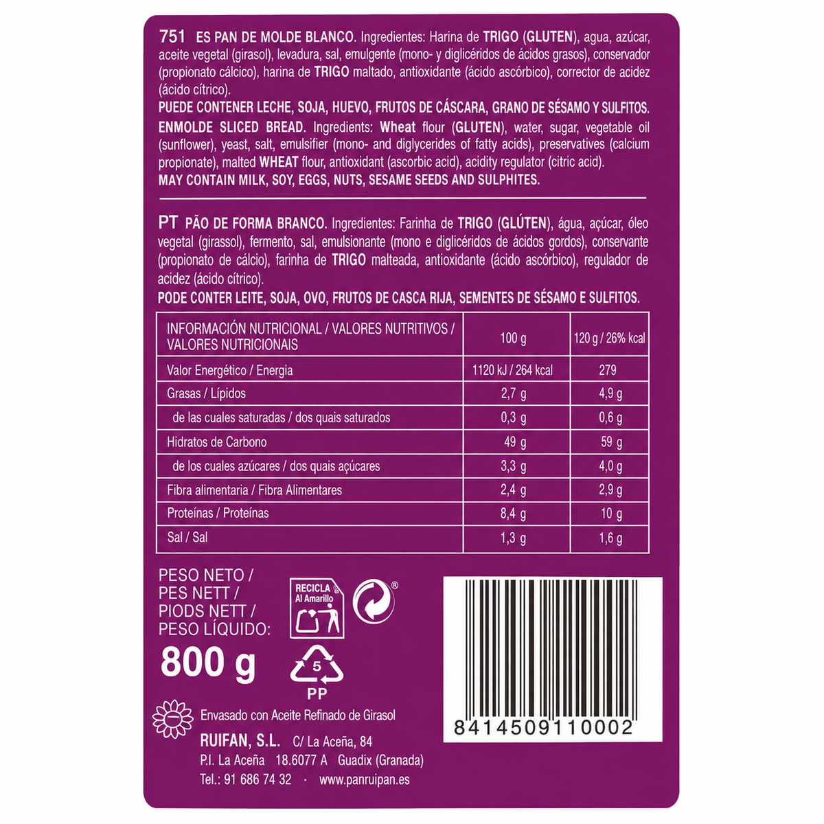 RUIPAN PAN DE MOLDE HOSTELERIA 800GR
