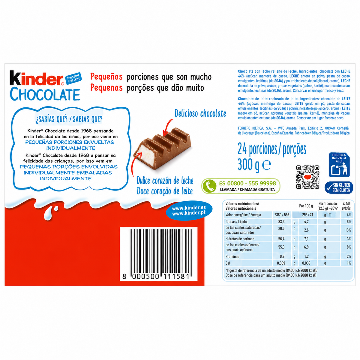 KINDER CHOCOLATE BARRITAS PACK 24 300GR