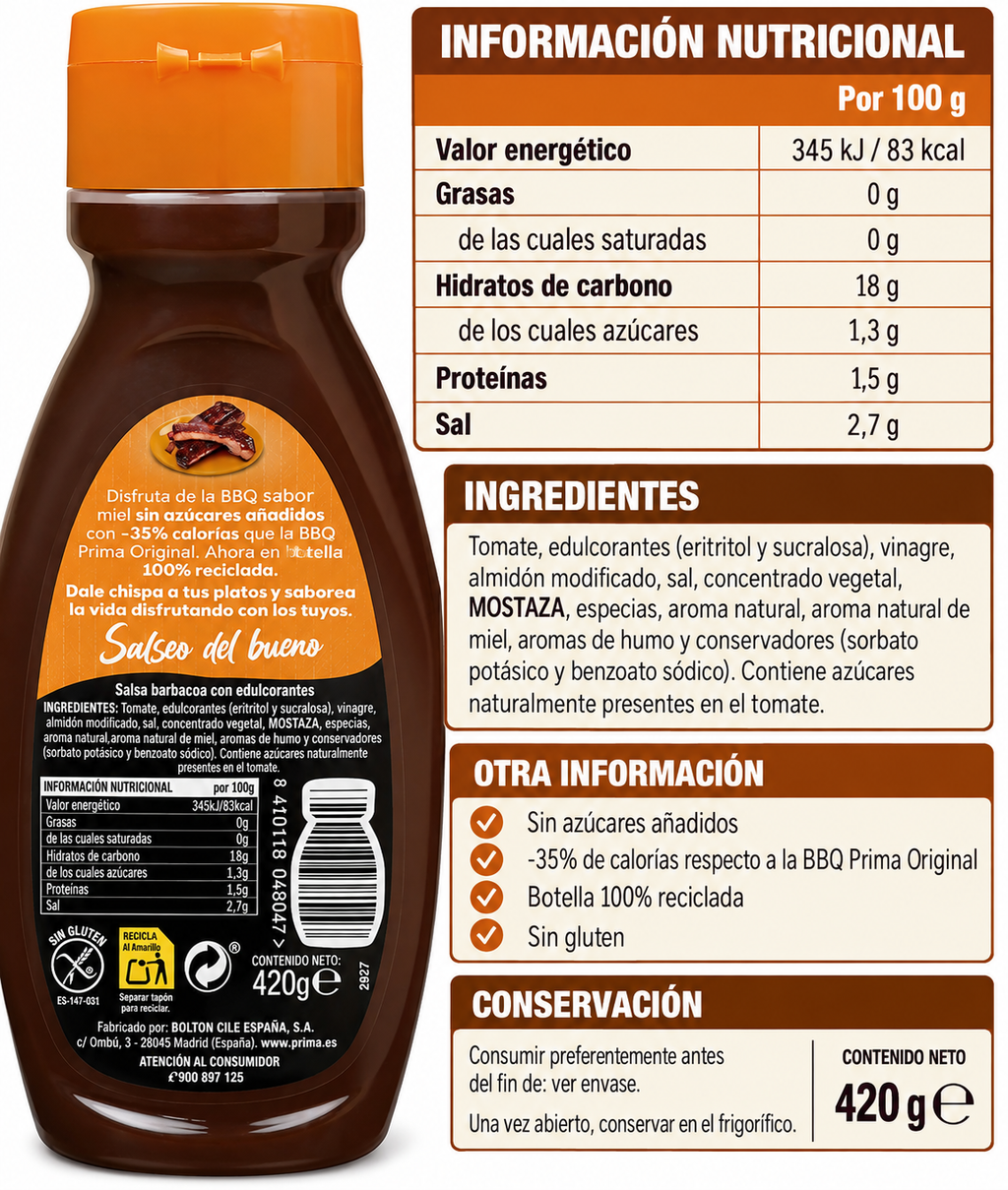 PRIMA SALSA BARBACOA CERO SABOR MIEL 420GR