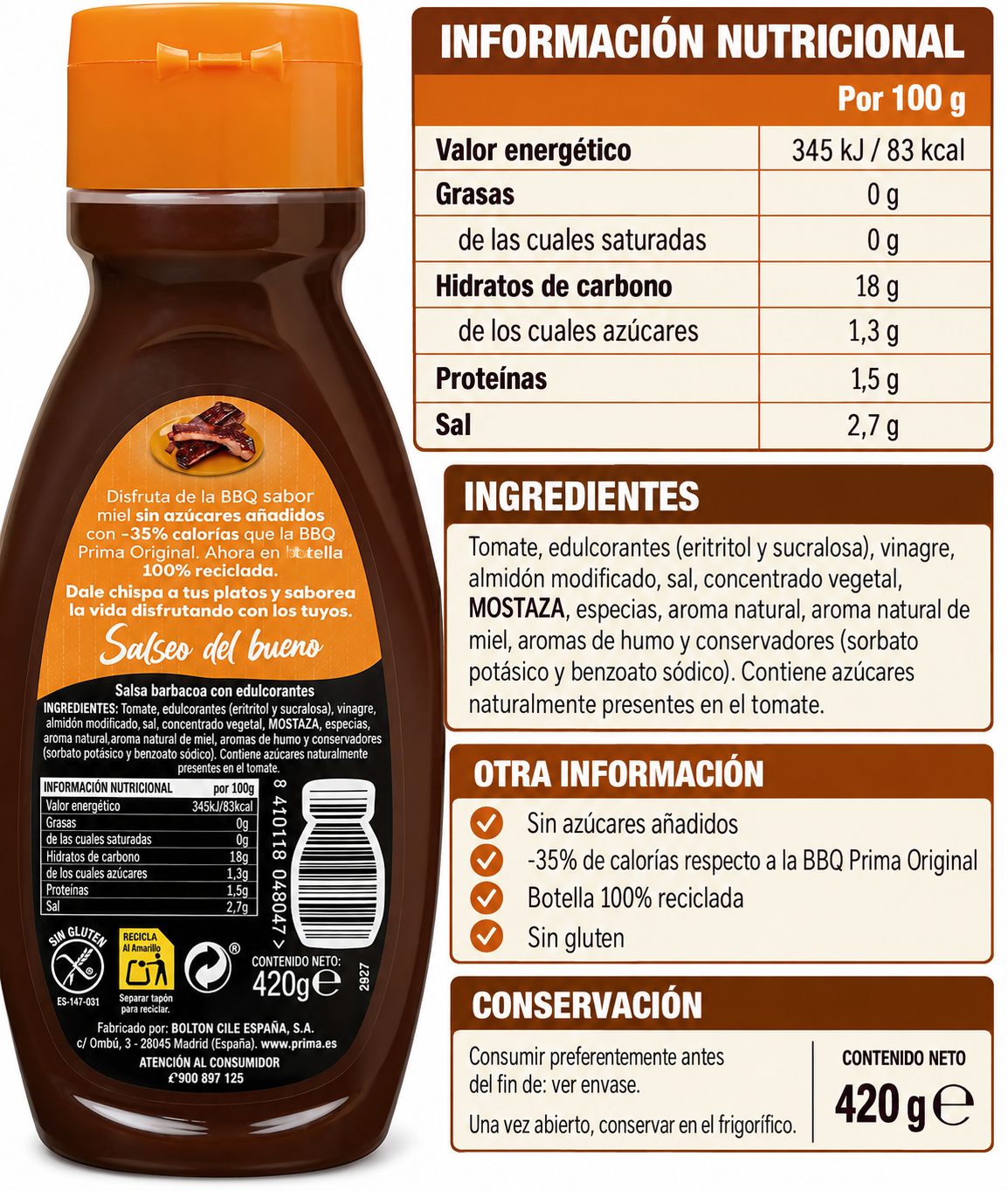 PRIMA SALSA BARBACOA CERO SABOR MIEL 420GR