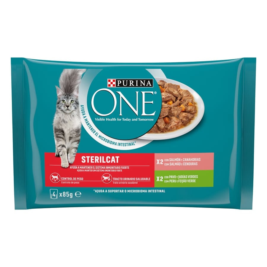 PURINA ONE GATO ESTERILIZADO SALMON/PAVO 4X85 GRS