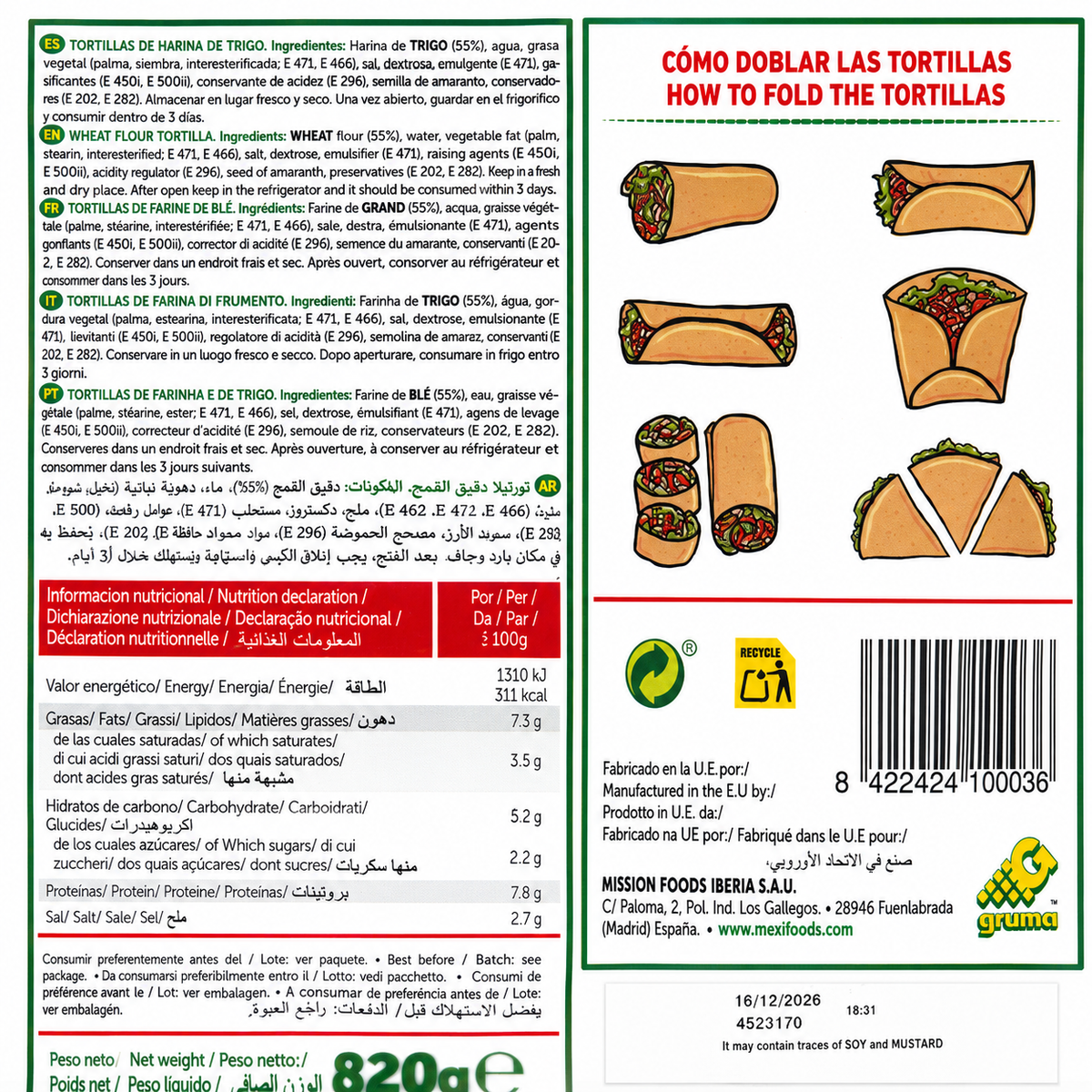 MEXIFOODS PROF. PACK 20 TORTILLAS TRIGO +-20CM 820GR