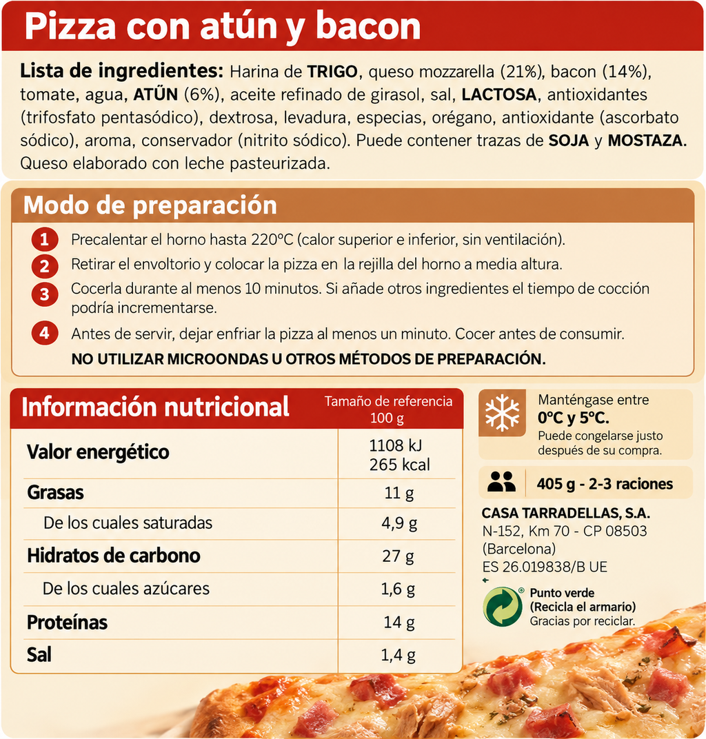 TARRADELLAS PIZZA ATUN-BACON 425 GRS