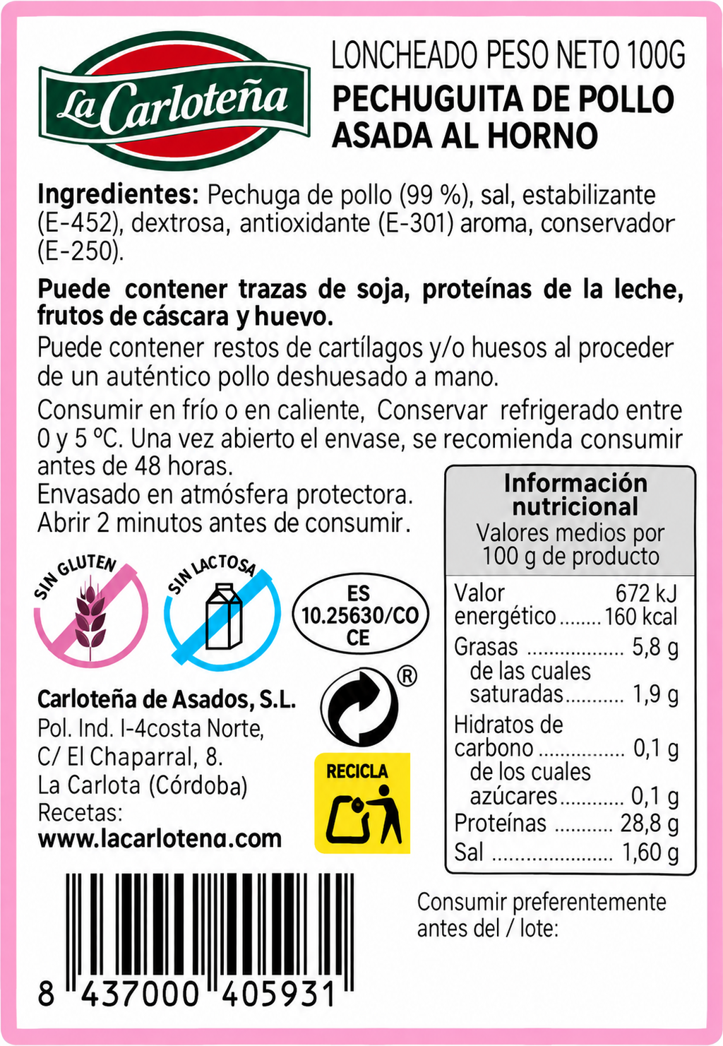 CARLOTEÑA PECHUGITA DE POLLO ASADA 100GR