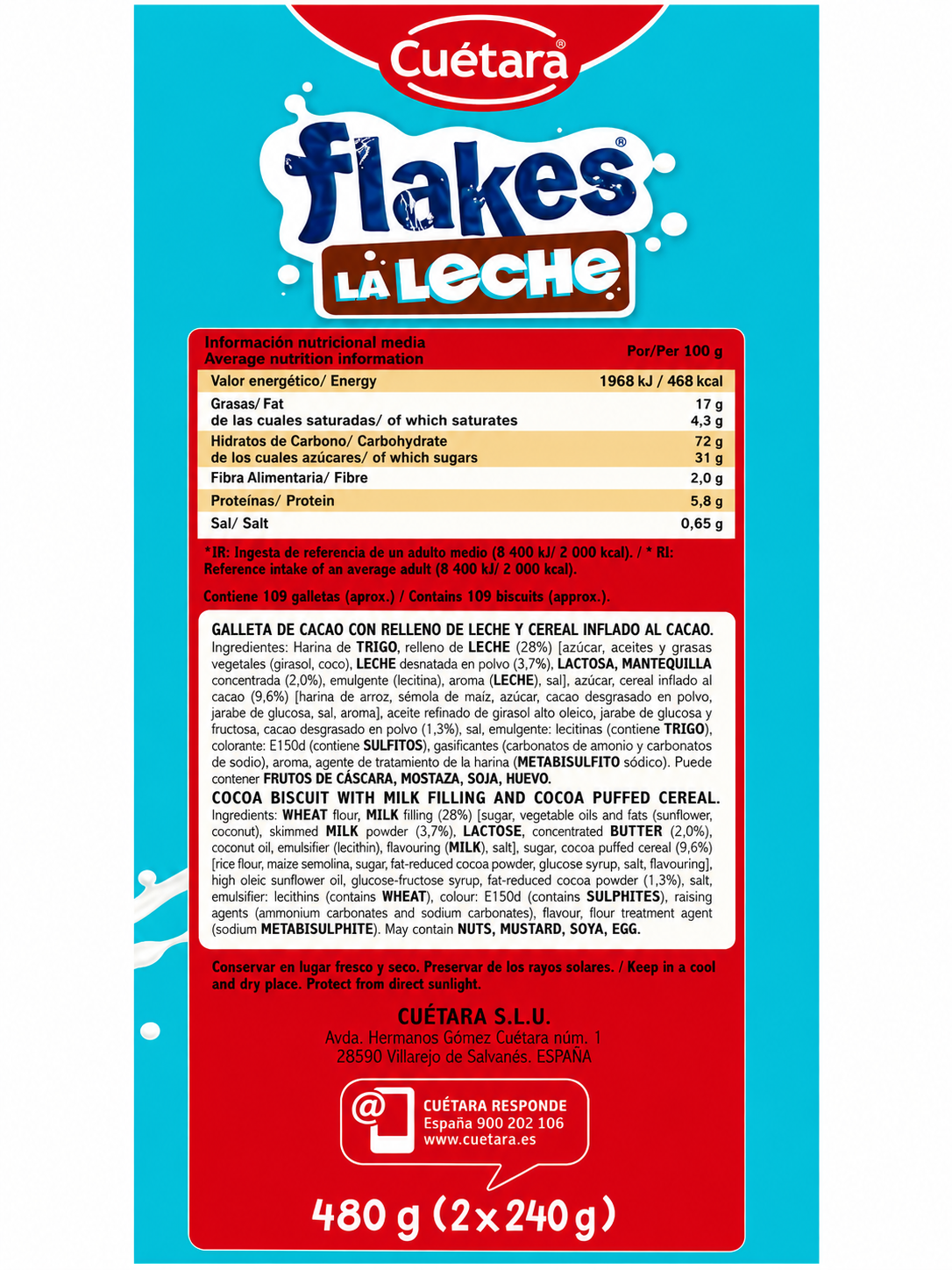 CUETARA CHOCOFLAKES CREMA DE LECHE 480GR