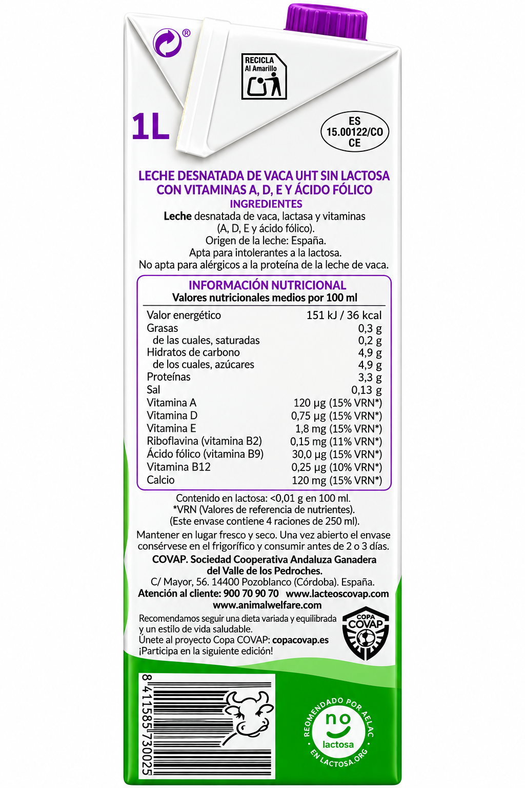 Covap Leche sin Lactosa Desnatada 1 L