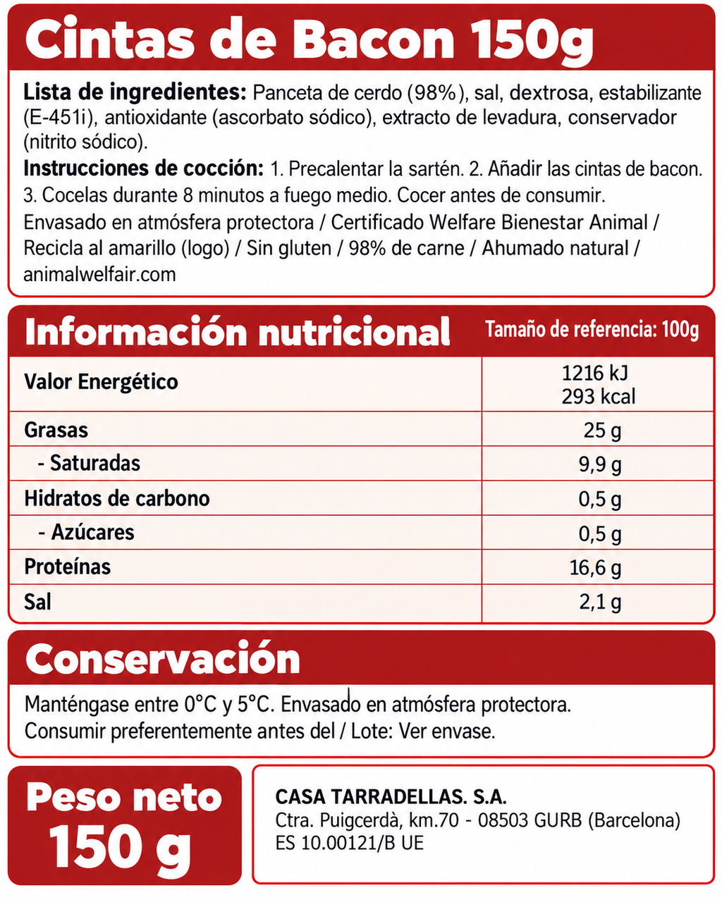 Tarradellas Cintas de Bacon 150 g