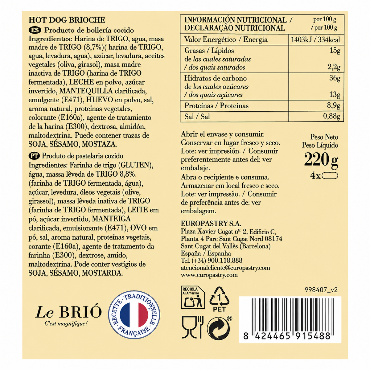 LE BRIO HOT DOG BRIOCHE PACK 4X 55GR