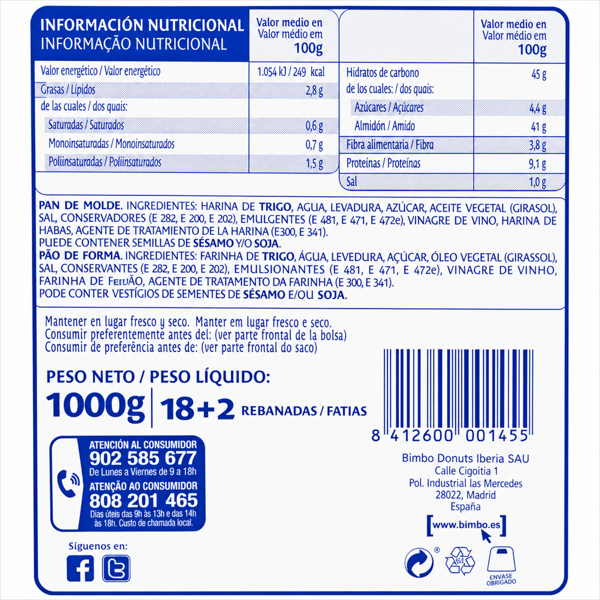 BIMBO PAN HOSTELERIA REB/GRUESA 11X11 1000GR