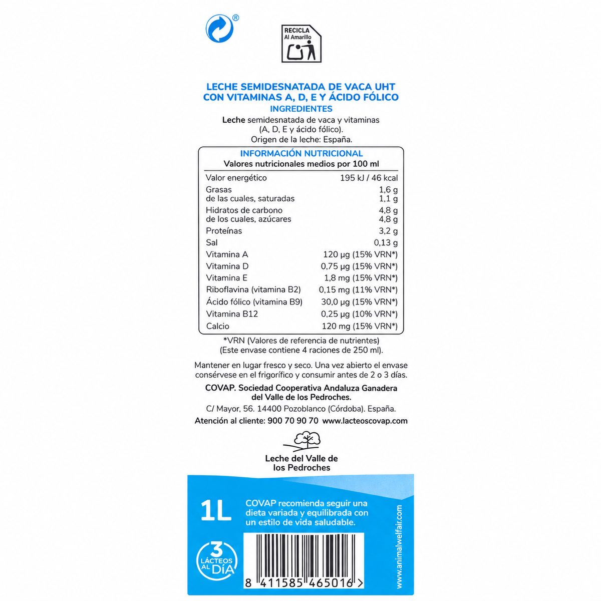Covap Leche Semidesnatada 1 L