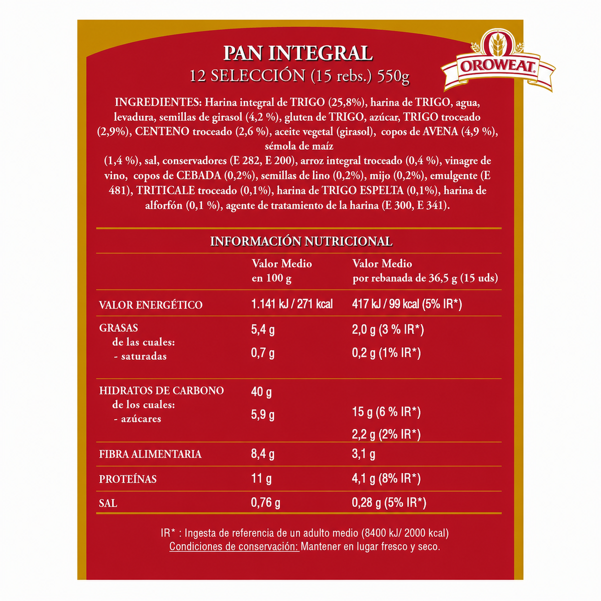 BIMBO 12 CEREALES Y SEMILLAS OROWEAT 550GR