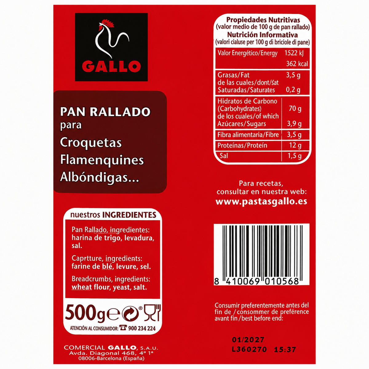 GALLO PAN RALLADO PAQUETE 500 GRS.