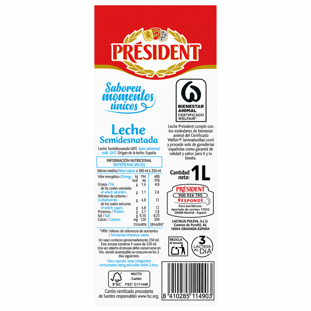 President Leche Semidesnatada Brik 1 L
