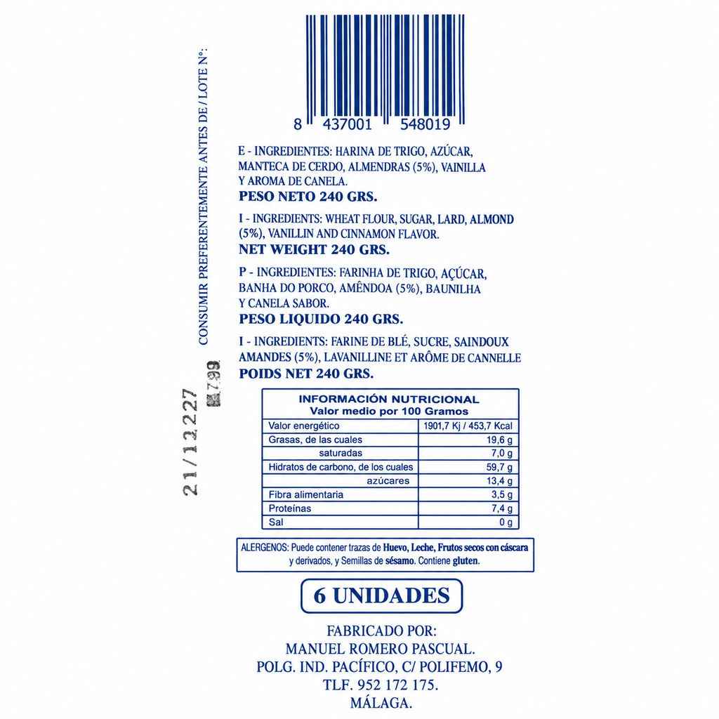 HNOS ROMERO TORTA DE ALMENDRA PACK 6 UNIDADES 240GR