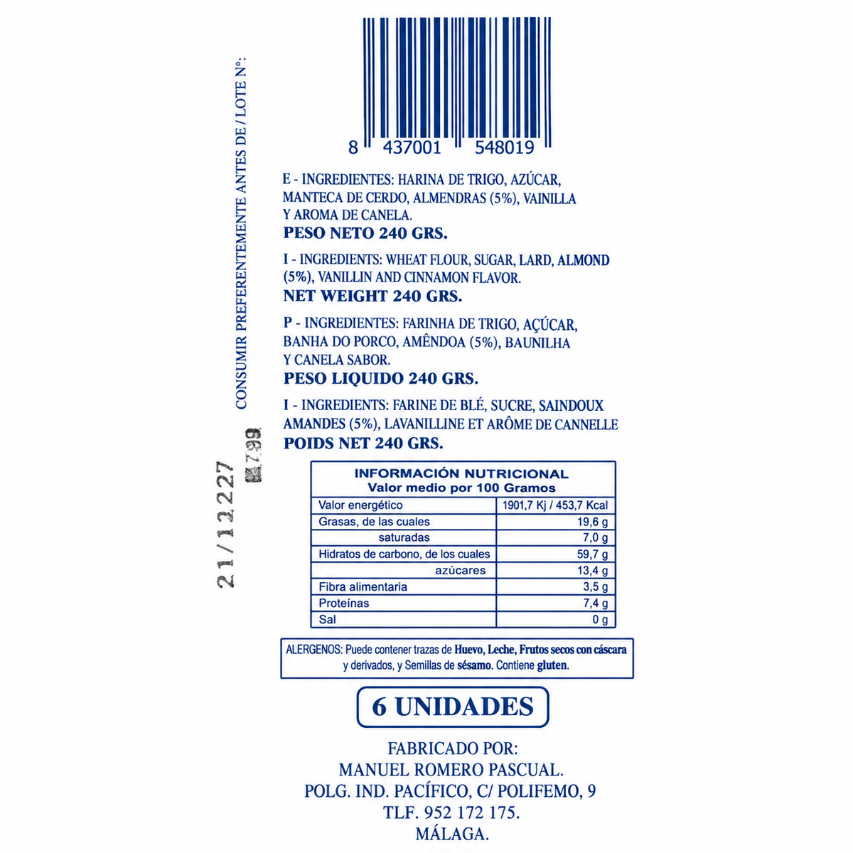 HNOS ROMERO TORTA DE ALMENDRA PACK 6 UNIDADES 240GR
