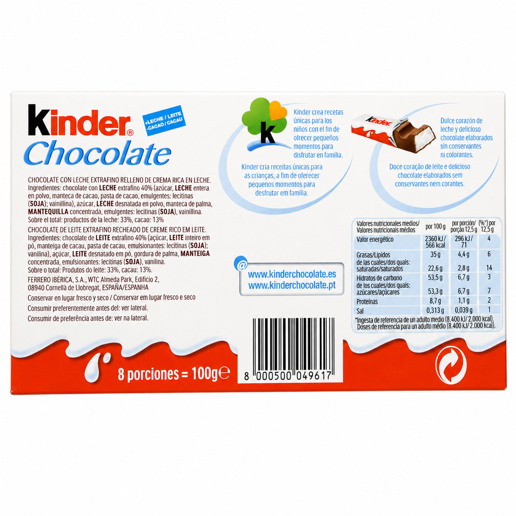 KINDER CHOCOLATE BARRITAS PACK-12 150GR