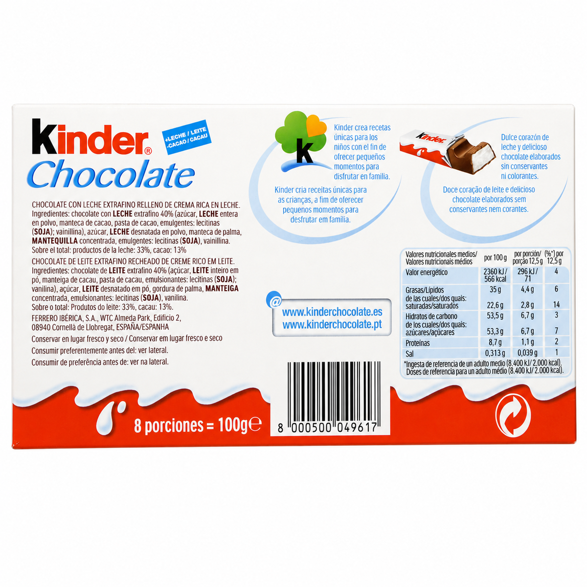KINDER CHOCOLATE BARRITAS PACK-12 150GR