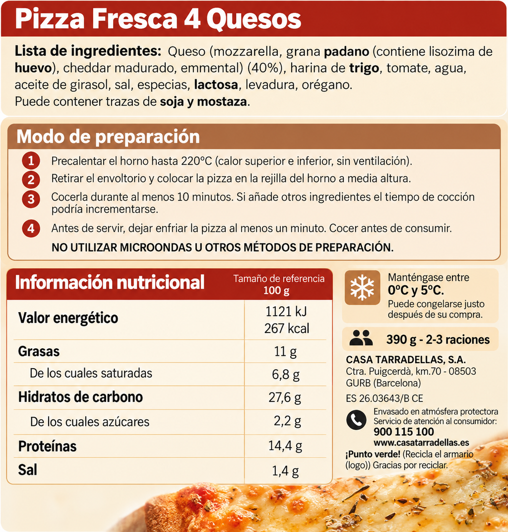 TARRADELLAS PIZZA 4 QUESOS PACK-2 X 225GR