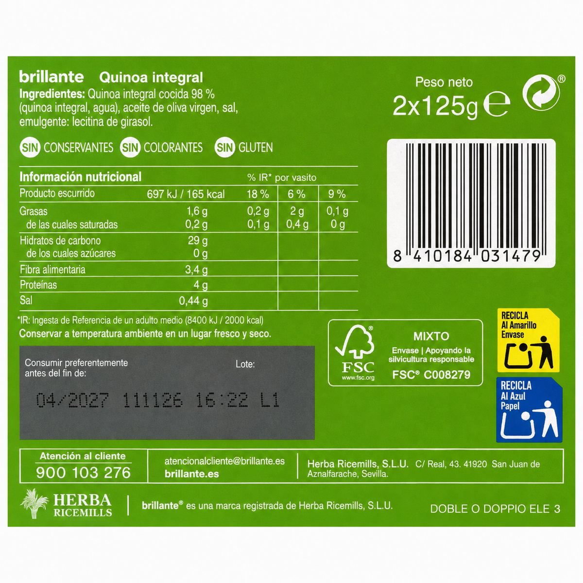 BRILLANTE QUINOA INTEGRAL PACK 2 X 125GR
